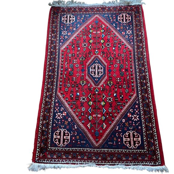 Vintage Persian Wool Area Rug Carpet Handmade Red Blue Geometric Fringe - Picture 1 of 10